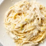 close-up of creamy lemon chicken pasta in a bowl