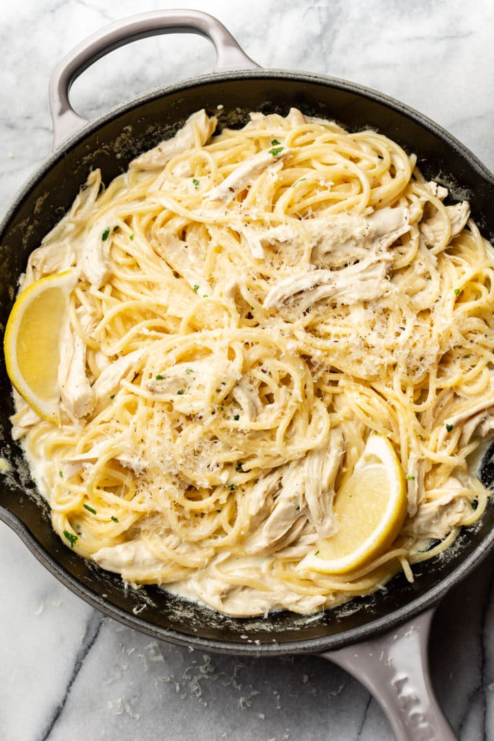 lemon chicken pasta in a skillet