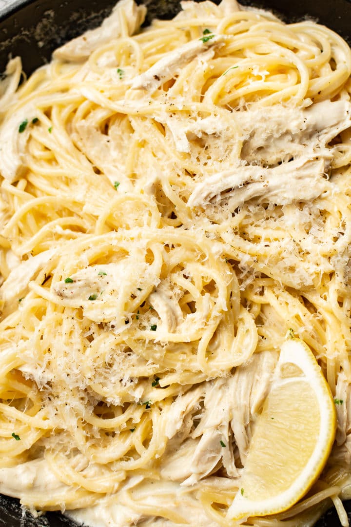 creamy lemon chicken pasta close-up