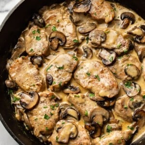 creamy mushroom pork tenderloin medallions in skillet