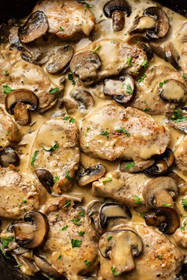 close-up of creamy mushroom pork tenderloin