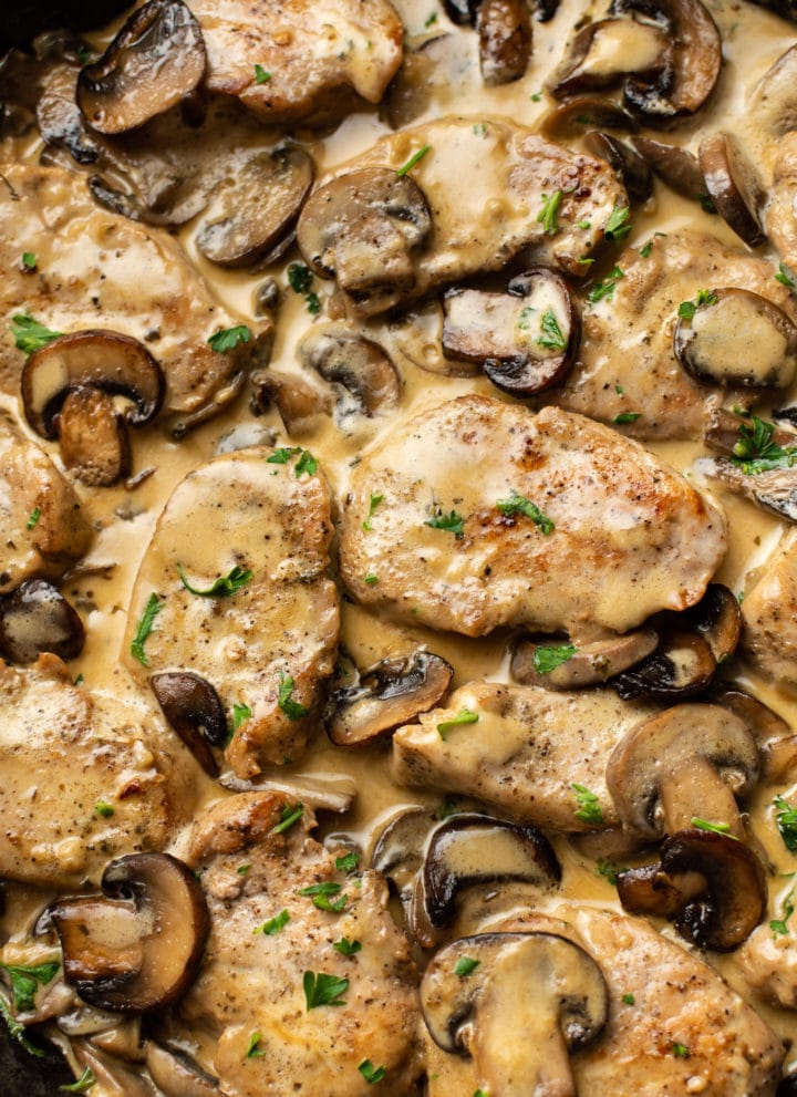close-up of creamy mushroom pork tenderloin