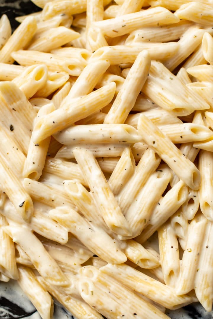 close-up of creamy penne pasta