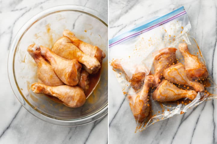 collage (honey baked drumsticks in a bowl and then in a Ziploc to marinate)