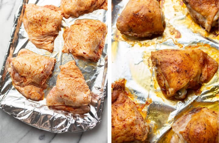 chicken thighs on a baking sheet before and after baking