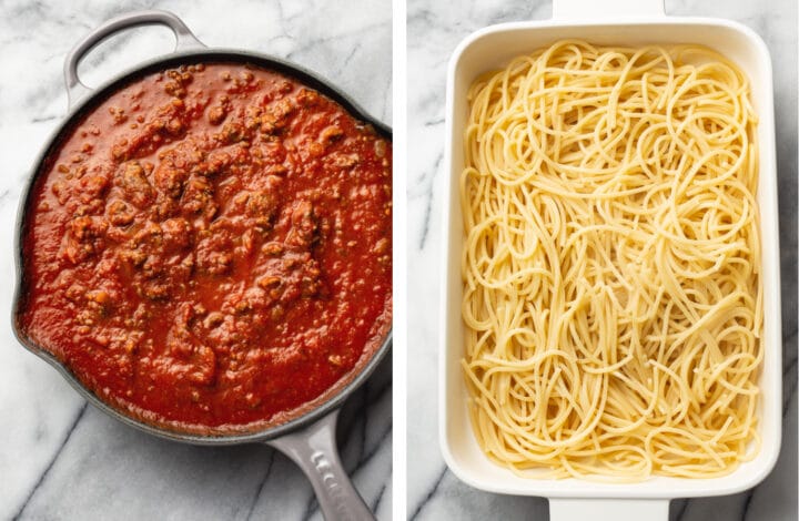 cooking ground beef mixture and adding spaghetti to casserole dish