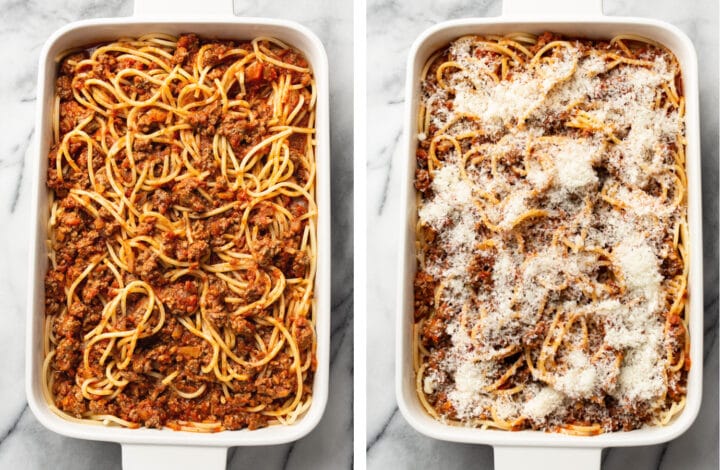 adding meat mixture to a baking dish with pasta for baked spaghetti