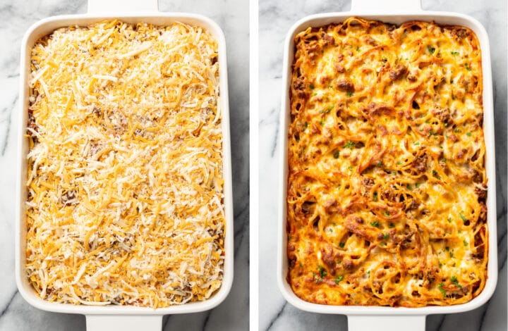 cheesy baked spaghetti before and after baking