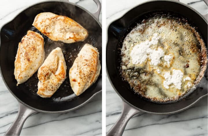 pan frying chicken in a skillet and making roux for a gravy