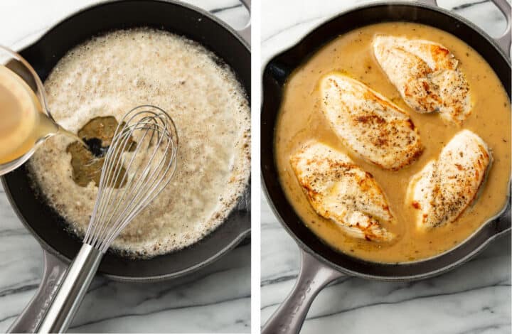 adding broth to a skillet to make homemade gravy and returning chicken to the pan