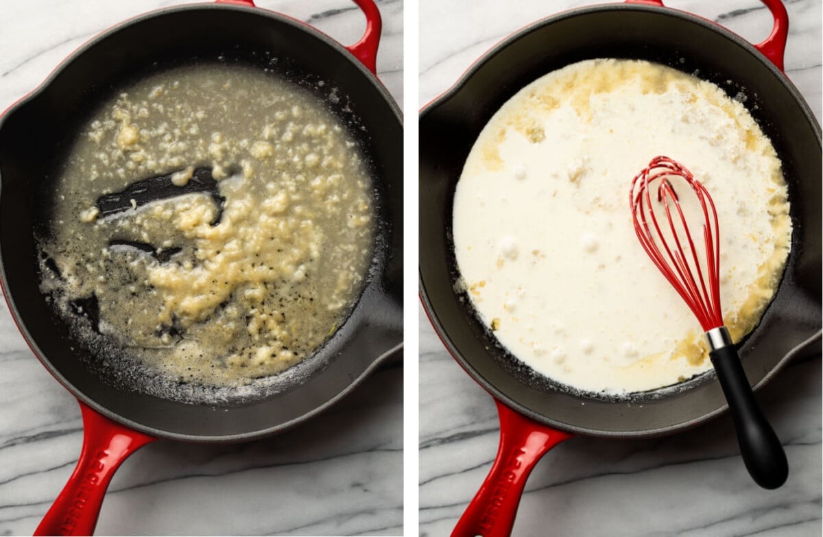 making a roux in a skillet and whisking in cream and seasoning to make pasta sauce