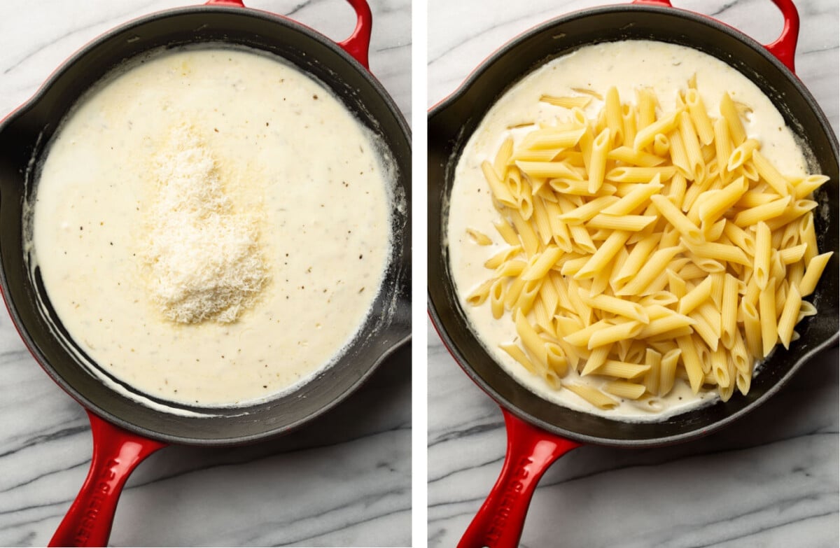 adding parmesan to a skillet with creamy garlic sauce then tossing with penne
