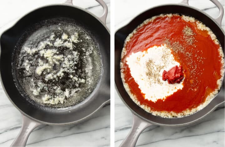 sauteing onion in a skillet and making sauce for creamy tomato pasta