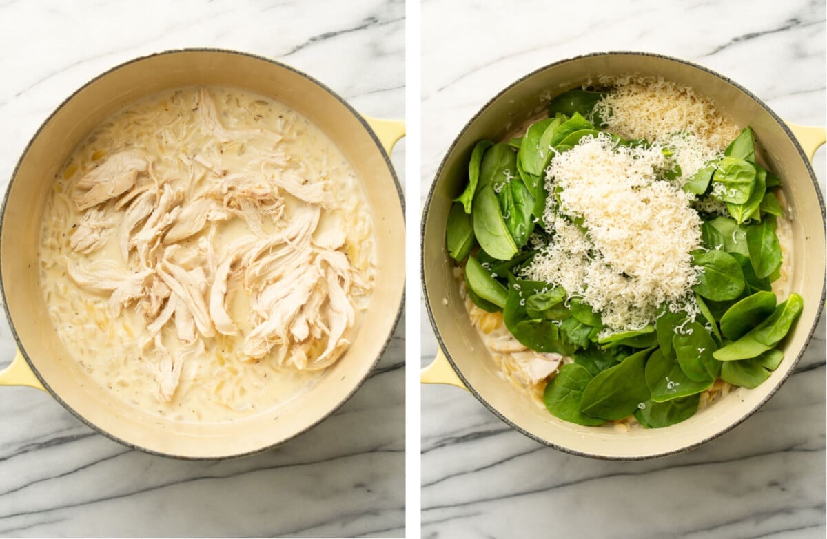 adding chicken, spinach, and parmesan to a soup pot with lemon chicken orzo