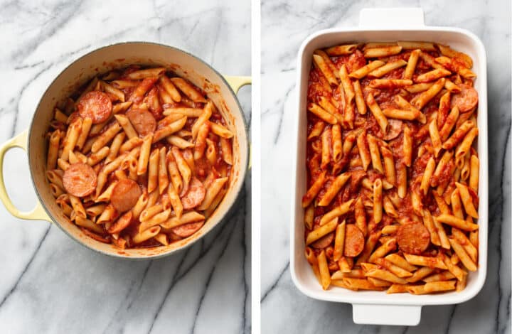 mixing penne with marinara sauce and adding to a casserole dish