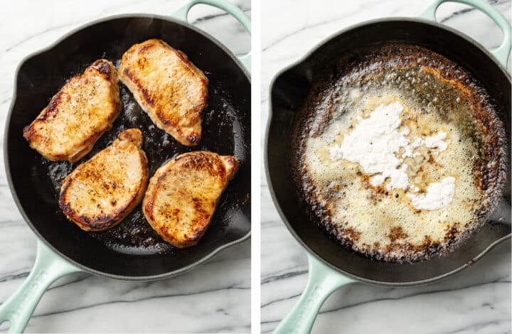 pan frying pork chops in a cast iron skillet and making a roux for gravy