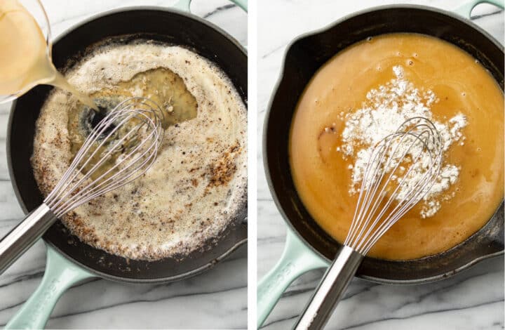 adding in chicken broth and seasoning to a skillet to make ranch gravy