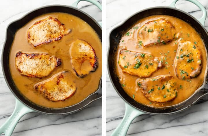 returning pork chops to a skillet with ranch gravy