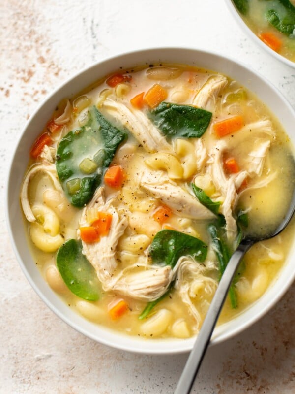 chicken and white bean soup in two bowls