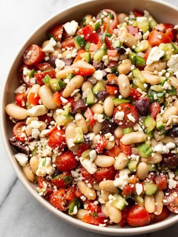 close-up of Greek white bean salad in a bowl