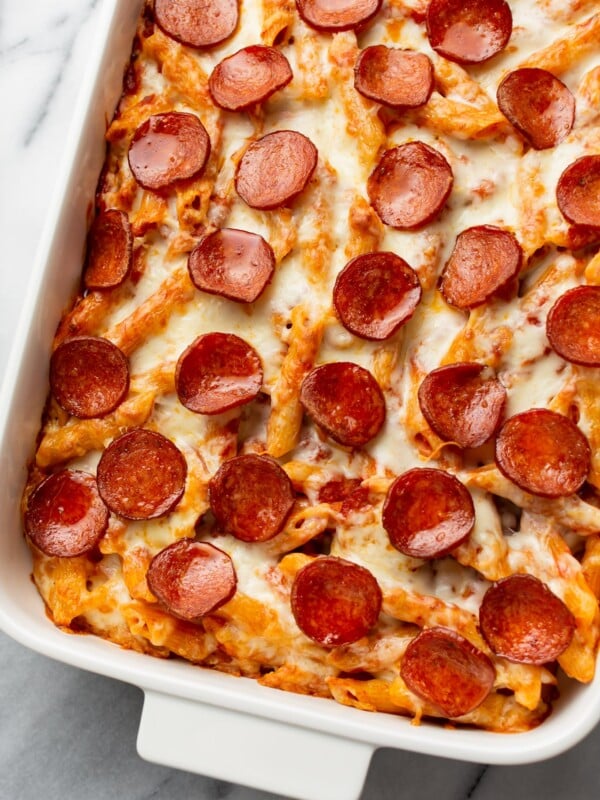 pizza pasta bake in a casserole dish