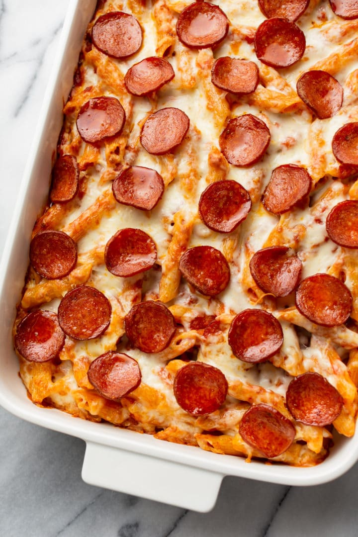 pizza pasta bake in a casserole dish