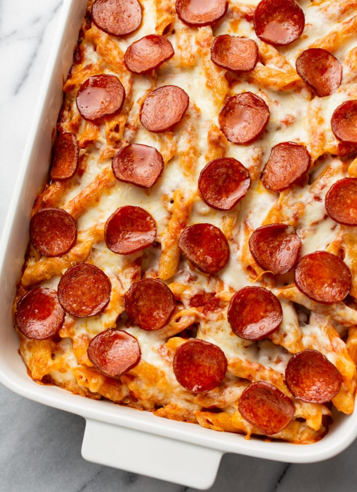 pizza pasta bake in a casserole dish