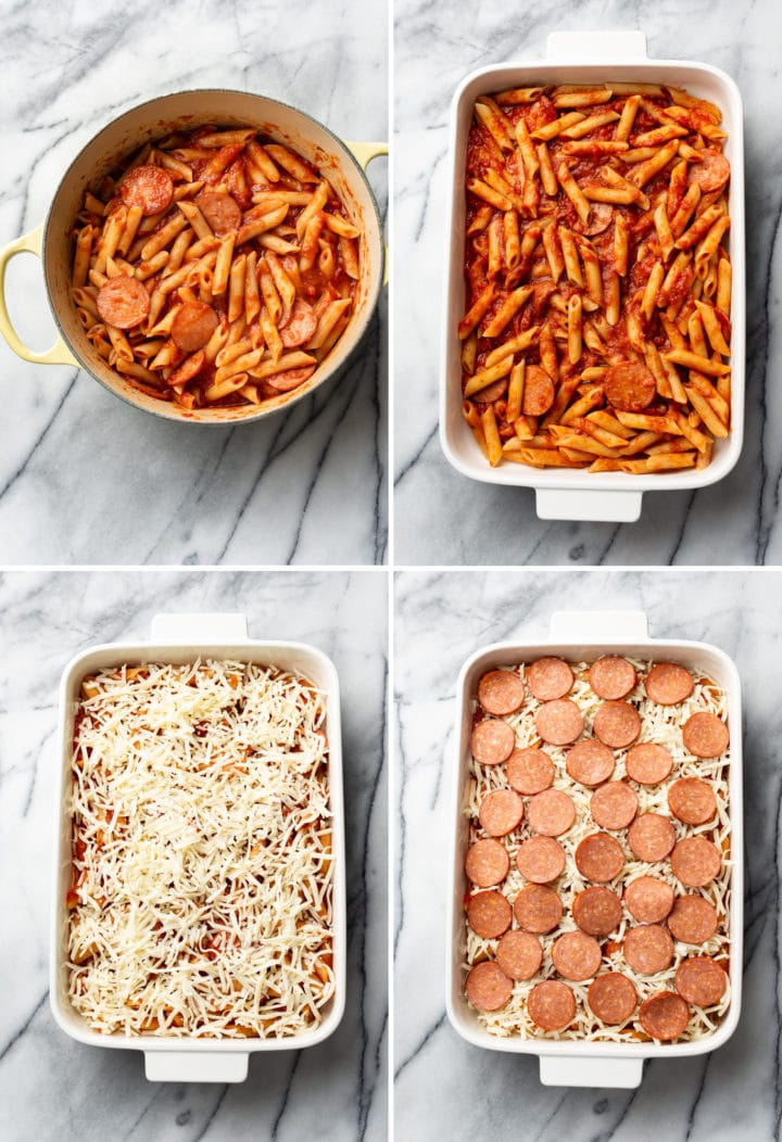 step-by-step process collage of how to make a pizza casserole