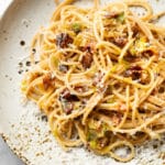 easy bacon and leek pasta close-up