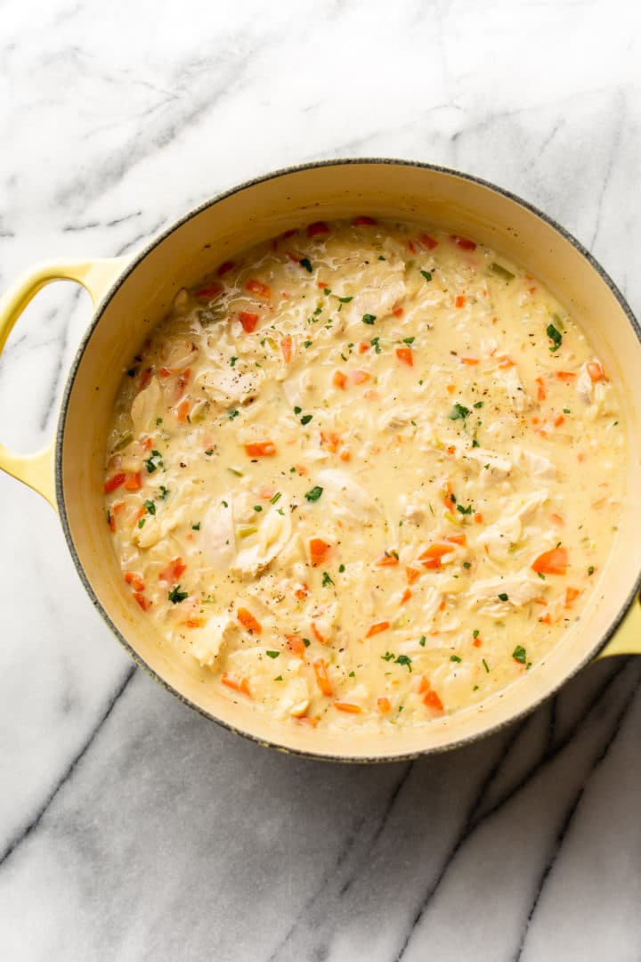 pot full of creamy chicken and rice soup