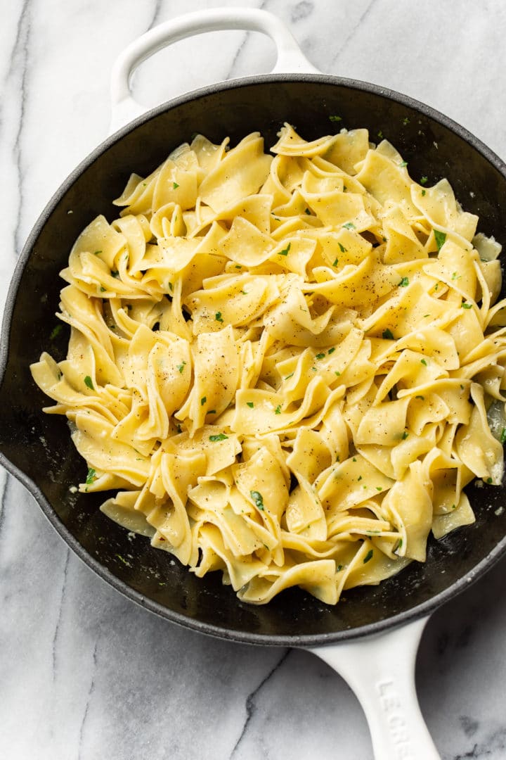 garlic butter noodles in a skillet