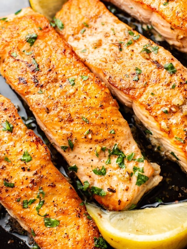 close-up of skillet garlic butter salmon