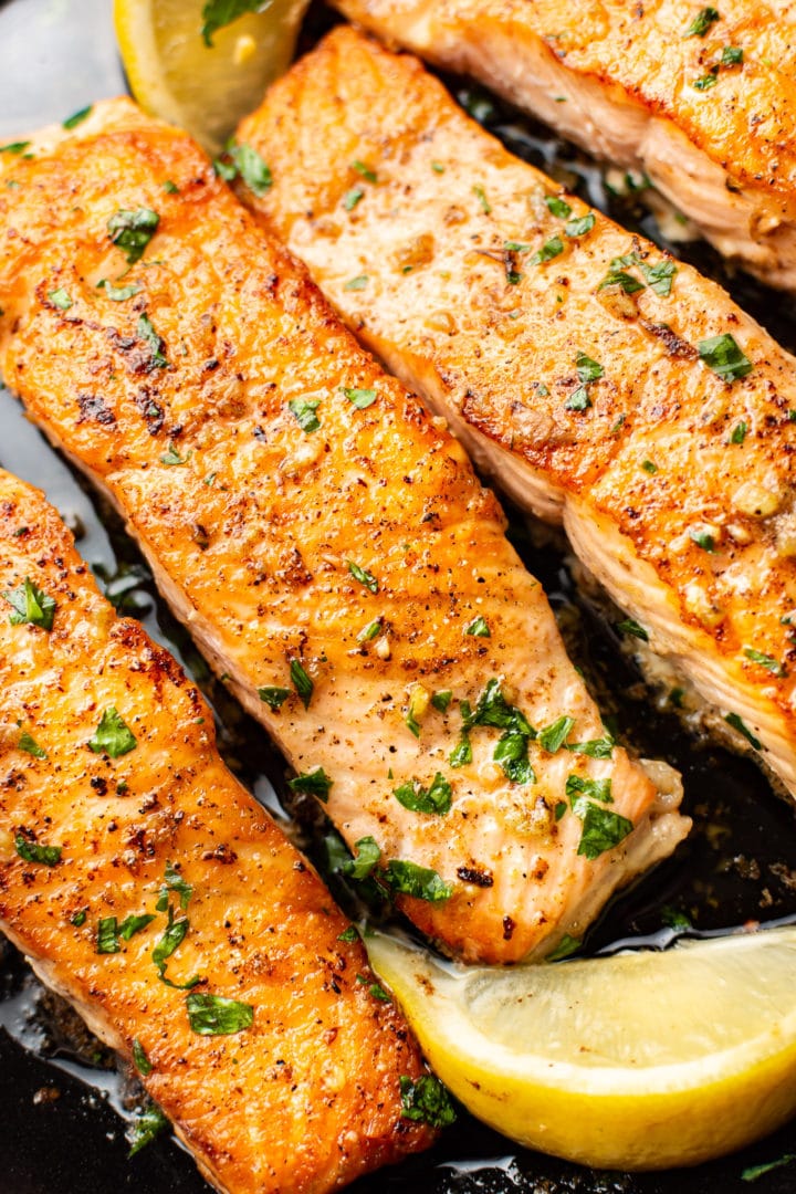 close-up of skillet garlic butter salmon