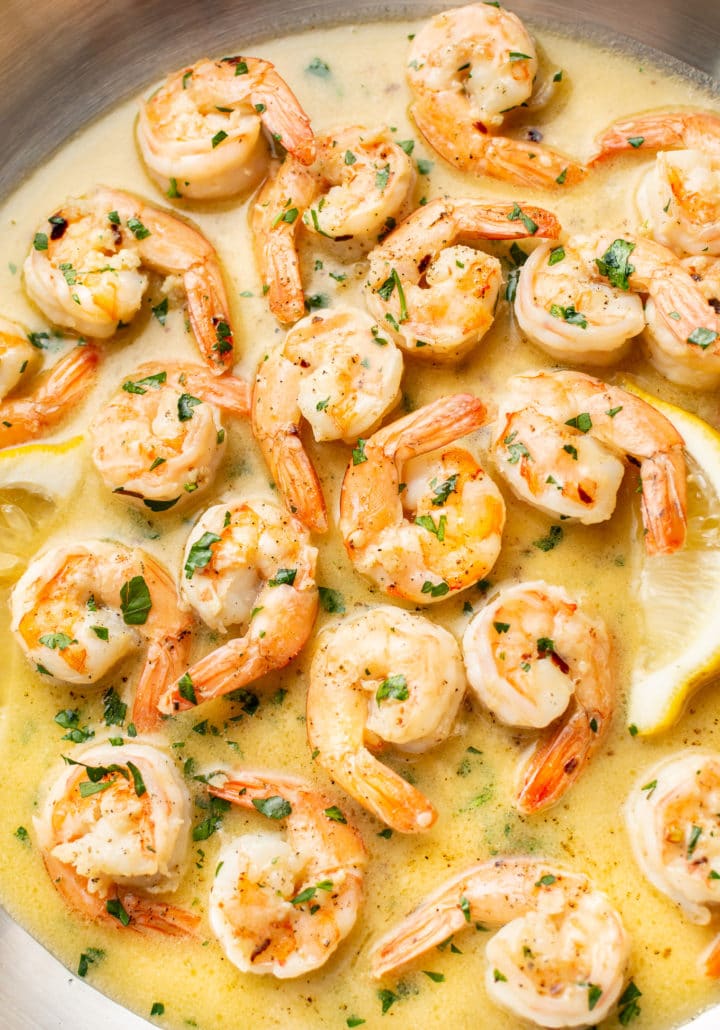 close-up of easy garlic butter shrimp scampi