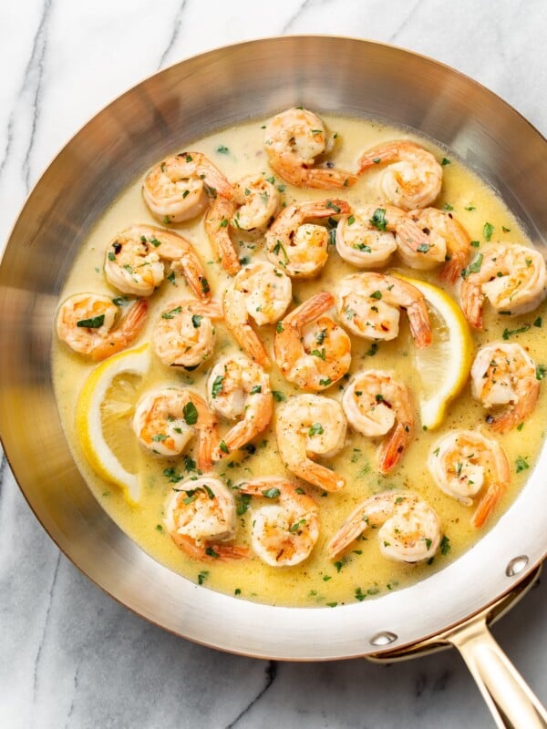 garlic butter shrimp scampi in a copper skillet