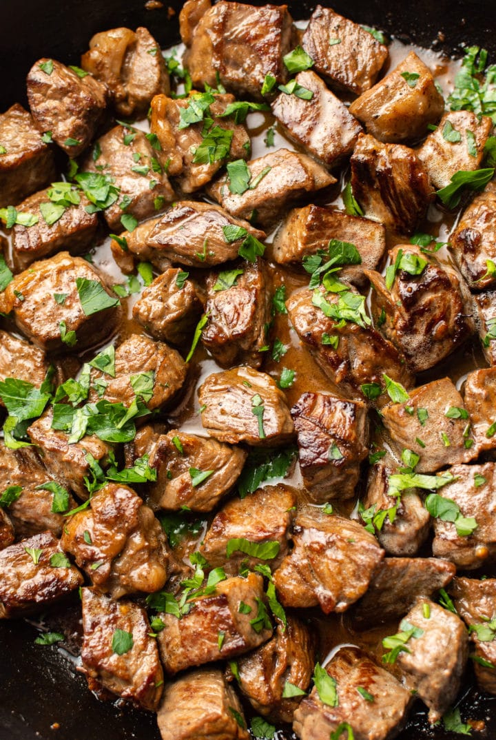 close-up of garlic butter steak bites