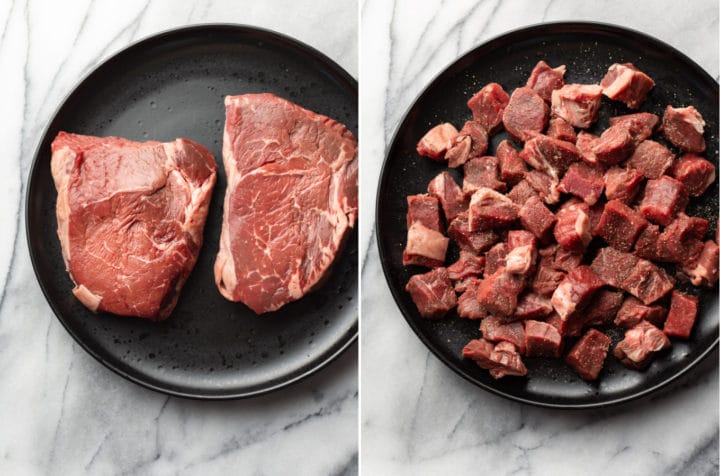 collage (whole sirloin steaks and then the steak cut into 1" cubes on a plate)