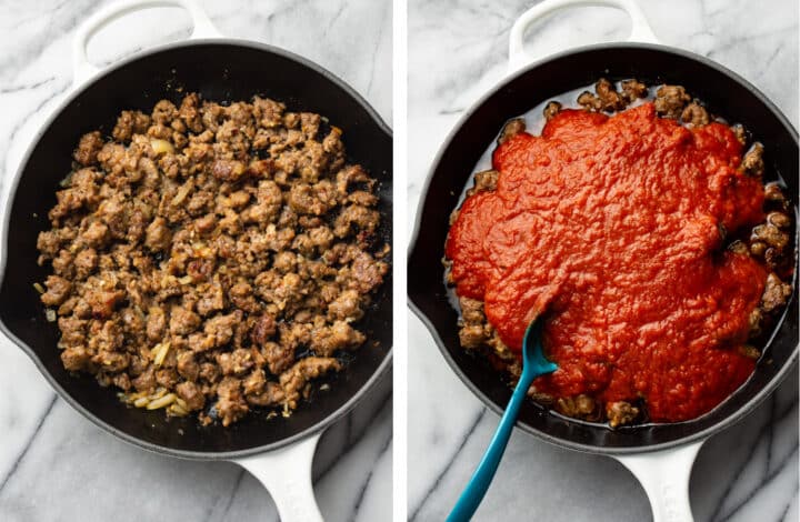 cooking sausage in a skillet and adding marinara sauce