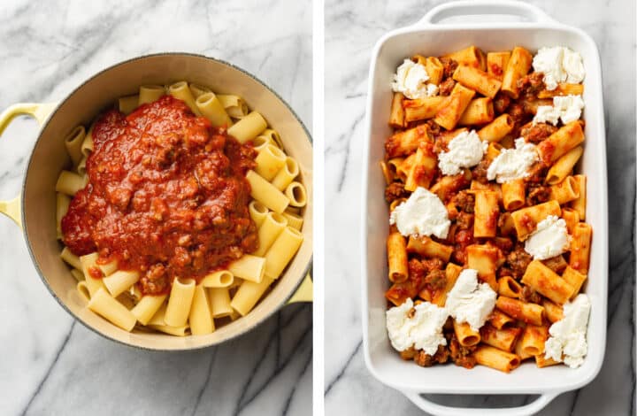 assembling the first layer of baked rigatoni in a casserole dish