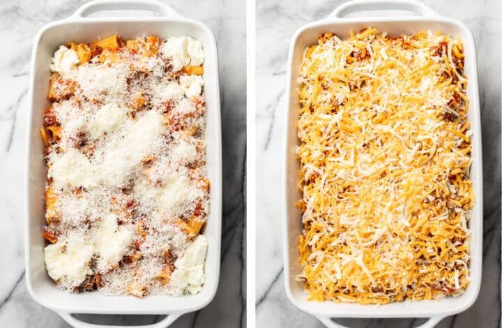 assembling the final layer of baked rigatoni in a casserole dish