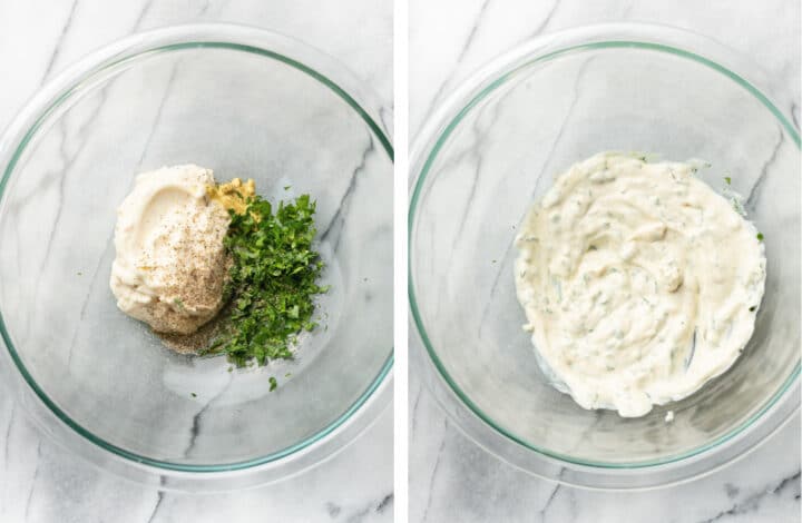 a mixing bowl with dressing for chicken salad