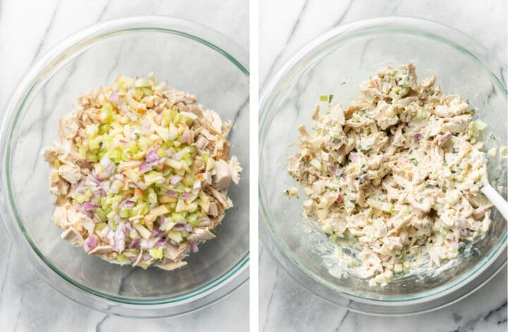 mixing chicken salad in a glass bowl