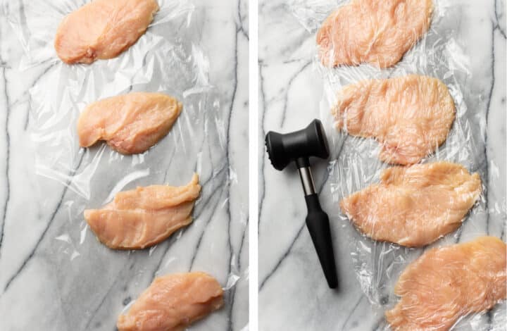 chicken before and after being tenderized with a meat mallet