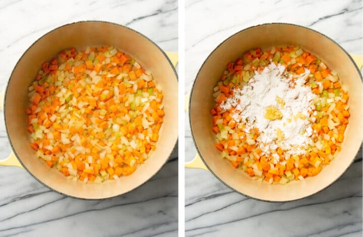 sauteing carrots, celery, and onion in a dutch oven then adding flour to make soup