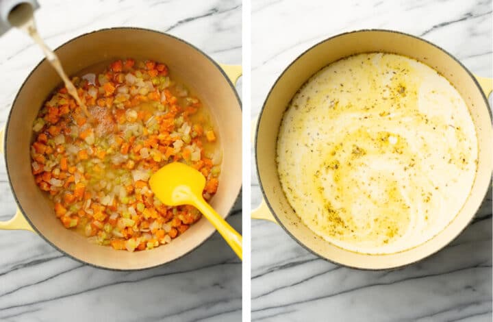 adding chicken broth, seasoning, and cream to a soup pot of chicken and rice soup