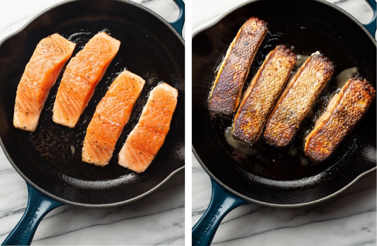 salmon in a skillet before and after flipping