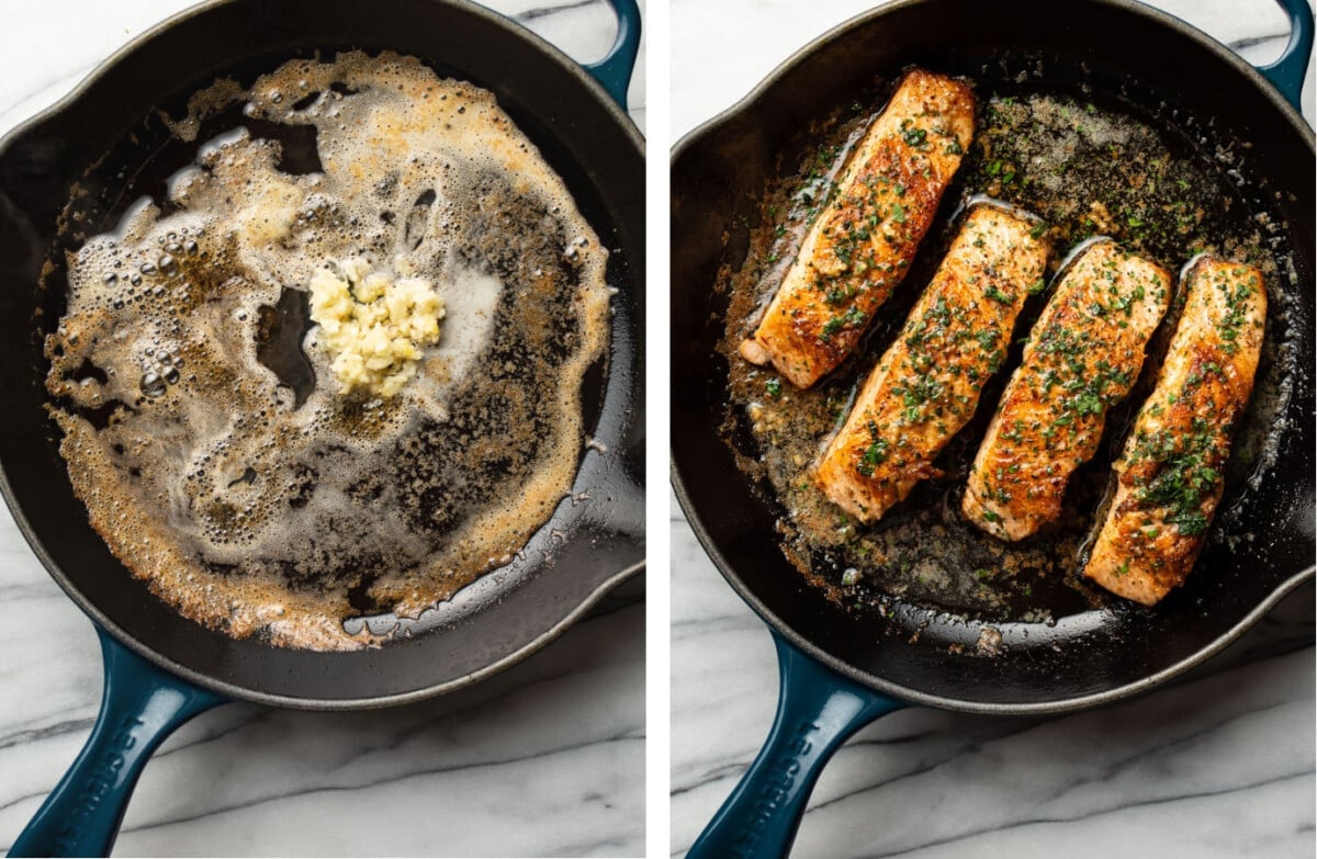 making garlic butter sauce in a skillet and adding salmon fillets
