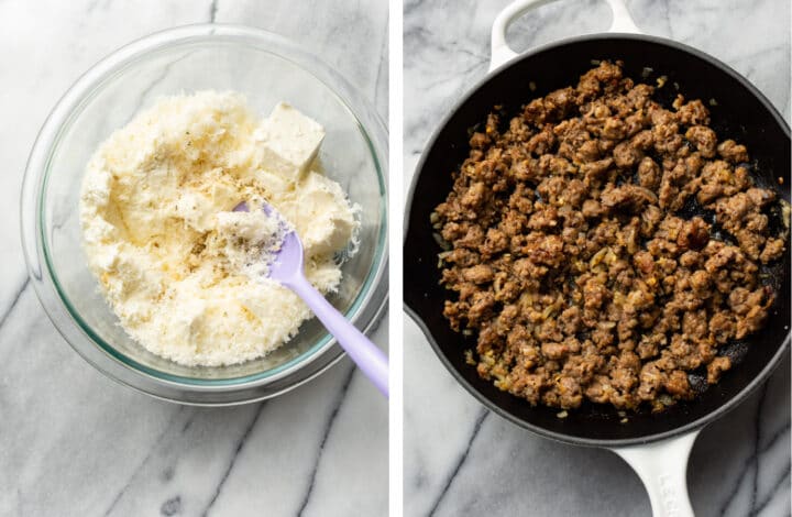 mixing cheeses in a glass bowl next to a skillet with crumbled sausage