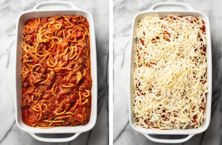 adding the final meat and cheese layers to the casserole dish