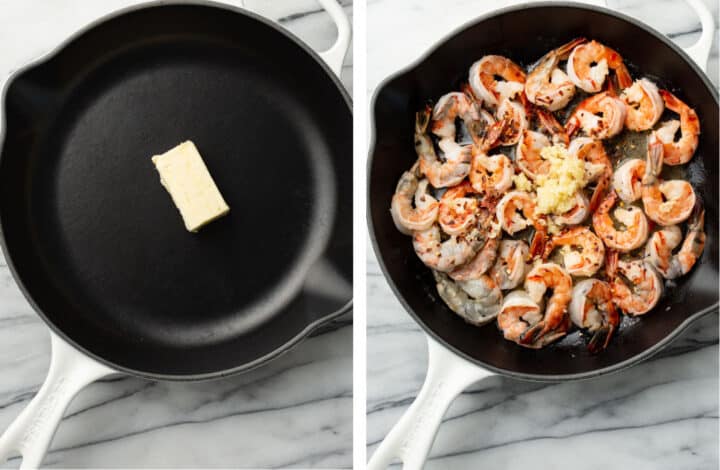 melting butter in a cast iron skillet and sauteing shrimp